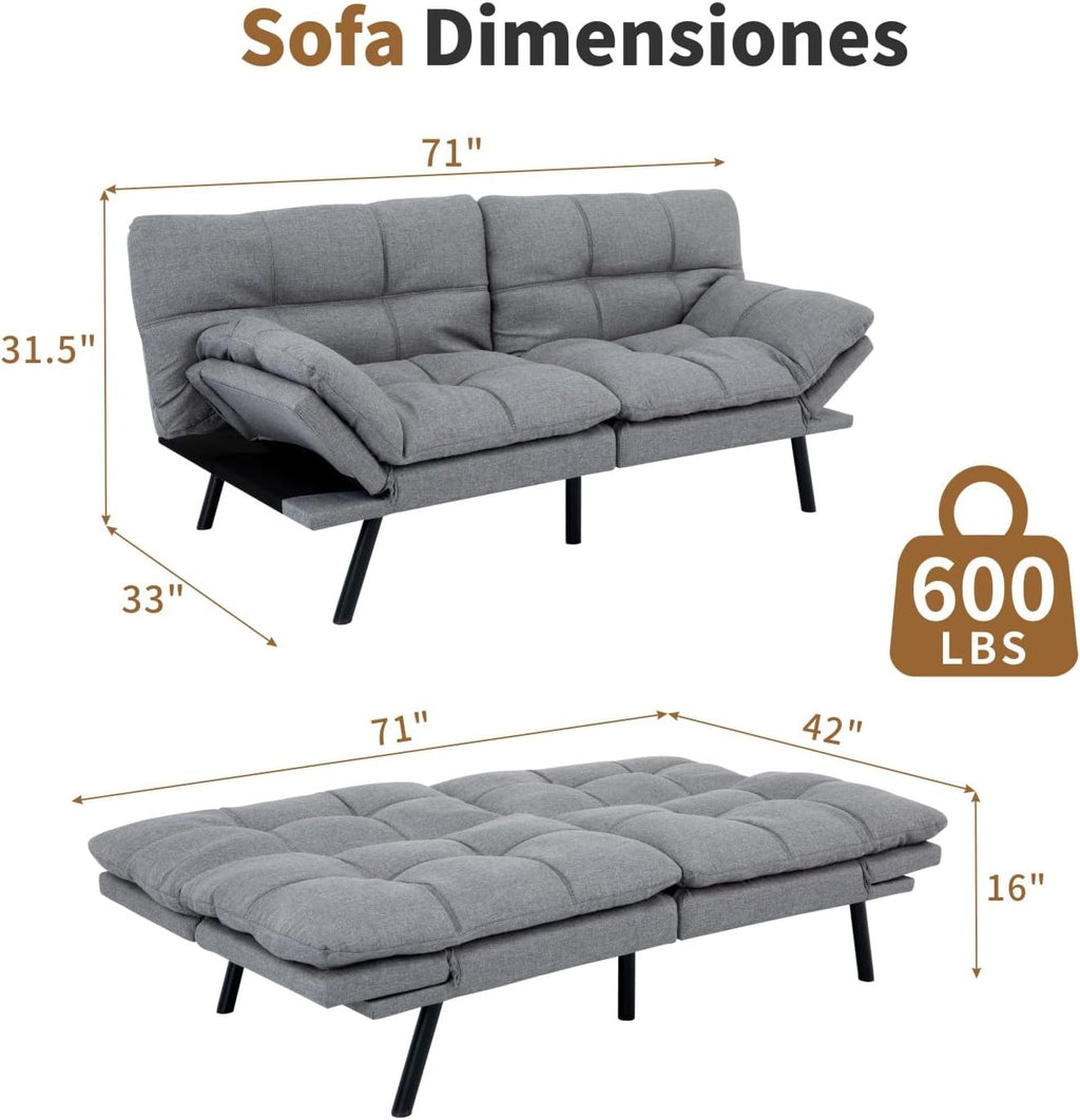 MUUEGM Futon Sofa Bed, 71' Convertible Memory Foam Sofa Couch with Adjustable Backrest & Armrests, Modern Upholstered Sleeper Couch for Small Spaces, Living Room & Apartment, Linen Fabric, Lihgt Gray