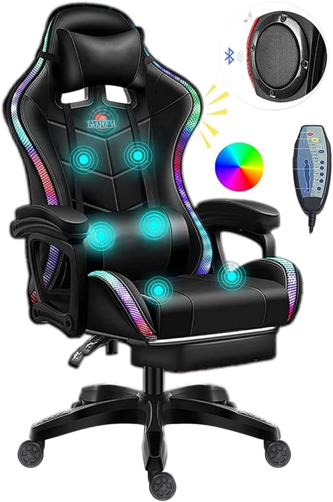 Gaming Chair with Bluetooth Speakers and RGB LED Lights, Video Game Chair, PU Leather High Back Computer Chair, Adjustable Reclining Racing Office Swivel Chair for Adult Teens,Black