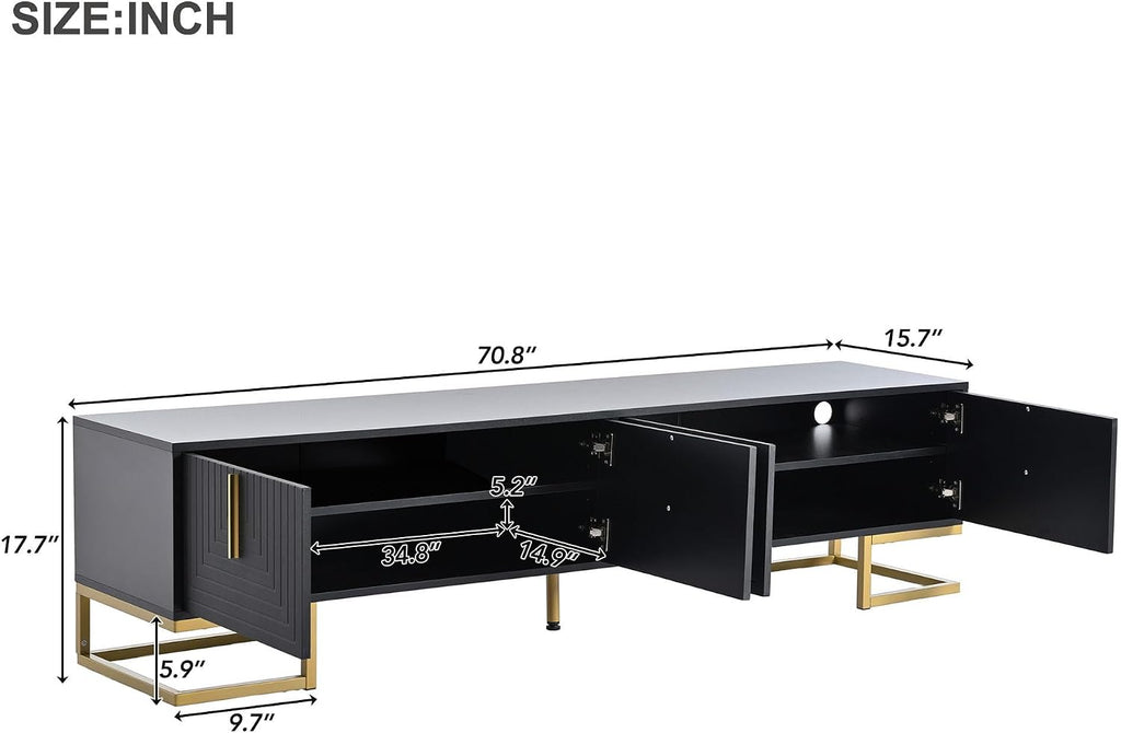 Merax Modern TV Stand with Metal Legs, Gold Handles, Geometric Lines and Adjustable Shelves for TVs Up to 80'', Media Console Table, Luxury Storage Cabinets for Living Room, Black