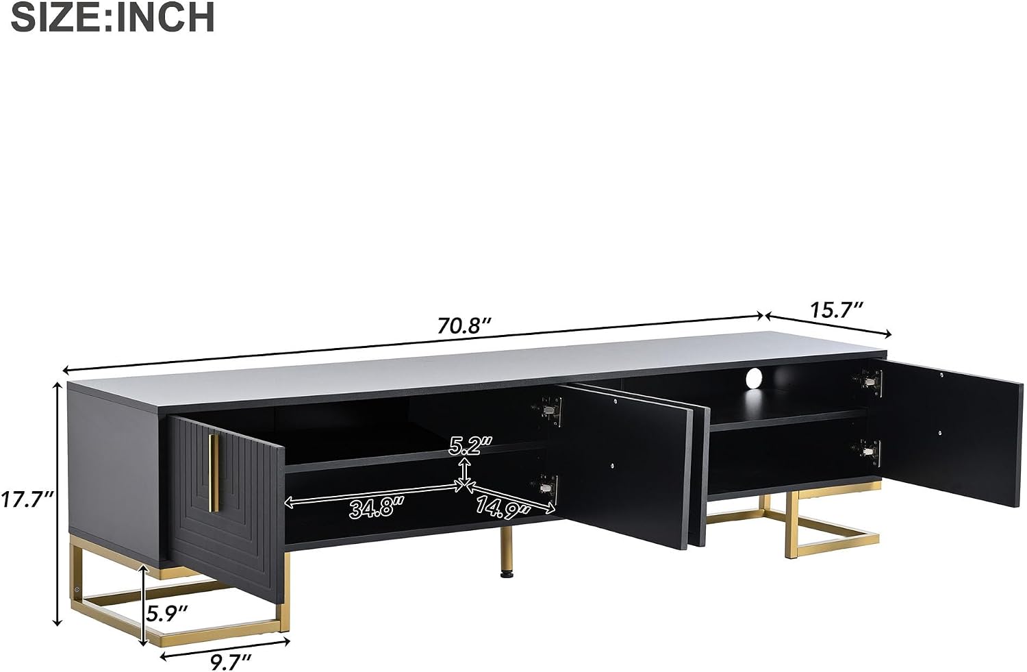 Merax Modern TV Stand with Metal Legs, Gold Handles, Geometric Lines and Adjustable Shelves for TVs Up to 80'', Media Console Table, Luxury Storage Cabinets for Living Room, Black