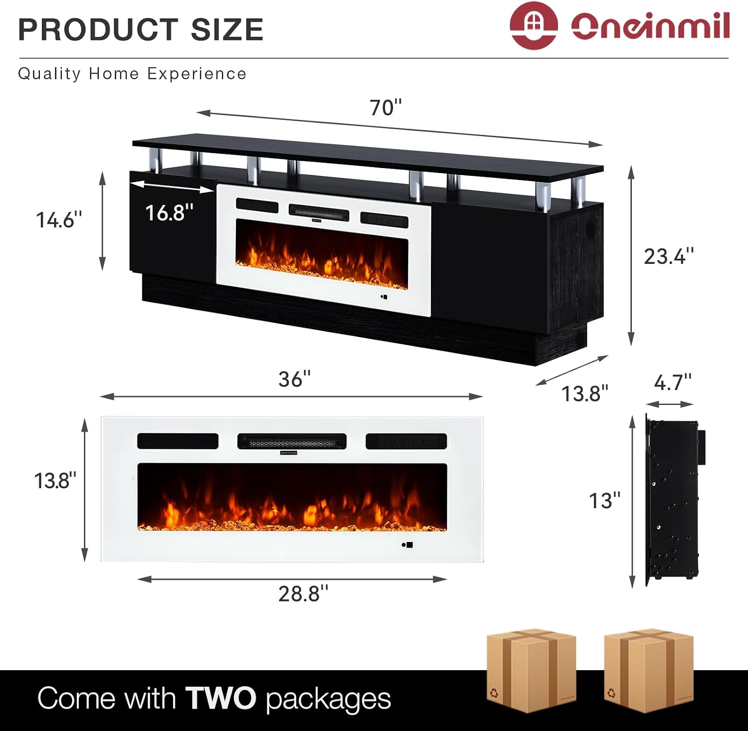 oneinmil Fireplace TV Stand with 36' Electric Fireplace, 70' 2 Tier TV Console Stand for TVs Up to 80', LED Light Entertainment Center, Fireplace for The Living Room TV Stand, Black