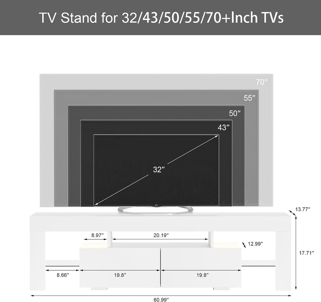 JUMMICO TV Stand with LED Lights, Modern Entertainment Center Media and Open Shelf Console Table Storage Desk with 1 Drawer and Remote Control 20 Color LED Lights up to 70 Inch TV (White)