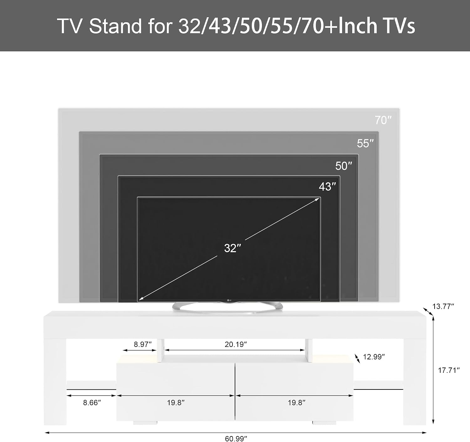 JUMMICO TV Stand with LED Lights, Modern Entertainment Center Media and Open Shelf Console Table Storage Desk with 1 Drawer and Remote Control 20 Color LED Lights up to 70 Inch TV (White)