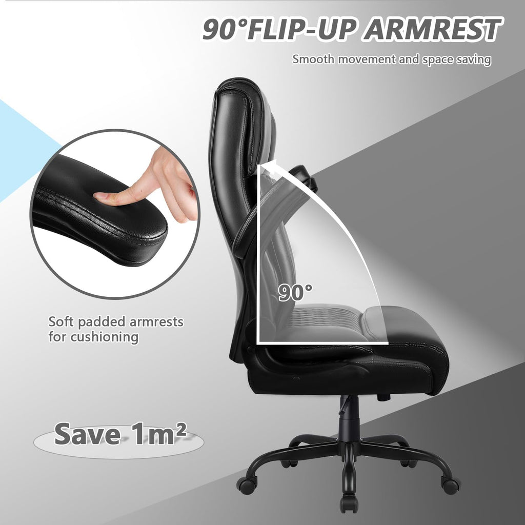 OFIKA Executive Office Chair Heavy Duty Office Chair Padded Flip Up Armrest, Computer Gaming Chair PU Leather Desk Chair, High Back Big and Tall Office Chair with Lumbar Support (Black)