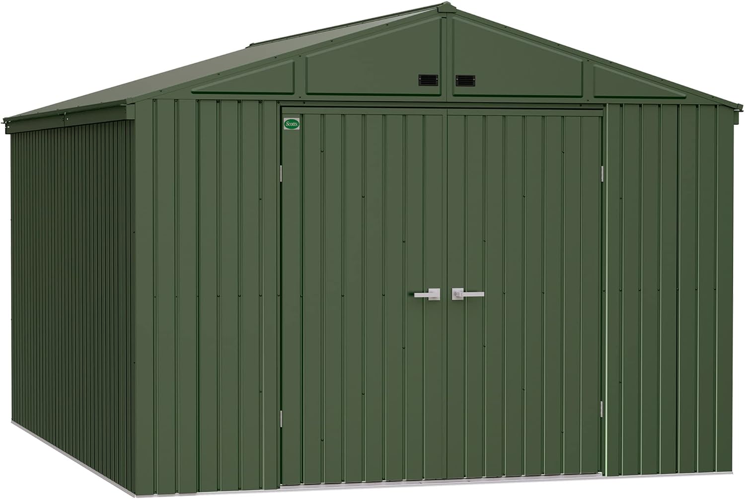 Scotts 10' x 12' Outdoor Lockable Water-Resistant Steel Storage Shed Building with Tool Hanger and Gable Roof, Green