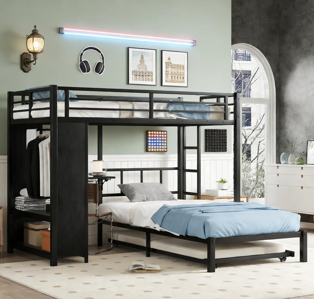 Bellemave Twin/Twin XL Over Twin XL bunk Bed with Foldable Desk and Wardrobe and Twin Trundle, loft Bed with Desk and Desk, Metal Bunk Beds with Storage, Black