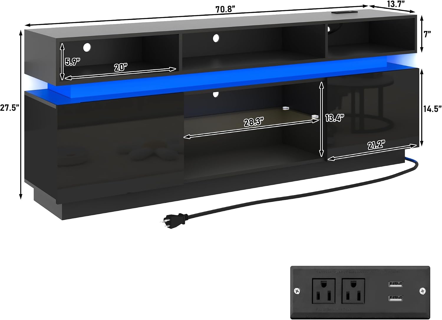 chartustriable LED TV Stand for 80 Inch TV, Modern Tall Entertainment Center with Power Outlets, High Gloss TV Stand, Gaming TV Media Console with Glass Shelf for Living Room, 71 Inch, Black
