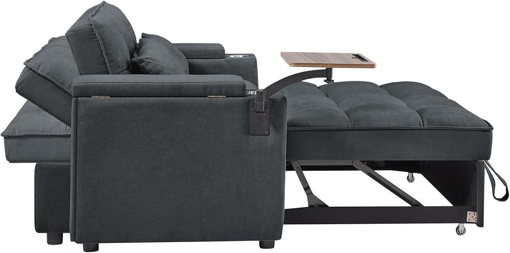hansones 65'' 3-in-1 Folding Convertible Sofa Bed, Pullout Sofa, Modern Chenille Fabric, 360° Swivel Side Table, Easy Assembly, Perfect for Living Room, Grey