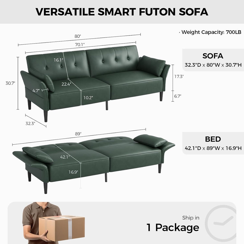 COPIAE 89' Futon Sofa Bed,Futon Couch Bed with 2 Square Pillows,Convertible Sleeper Sofa with Adjustable Backrest& Armrests, Modern Loveseat Sleeper for Living Room, Bedroom,Faux Leather Green