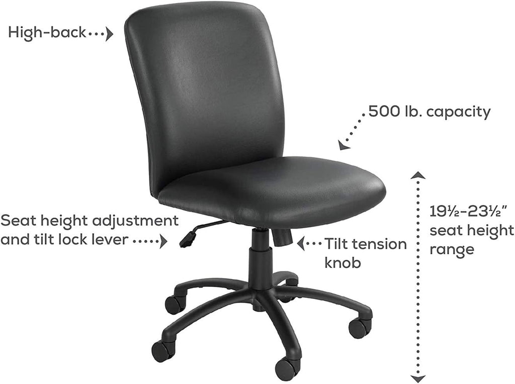 Safco Products High Back Big and Tall Swivel Desk Task Office Chair, 27' W x 30-1/4'D x 40-3/4-44-3/4' H, 500 lbs. Weight Capacity, for Professional or Home, Black Vinyl