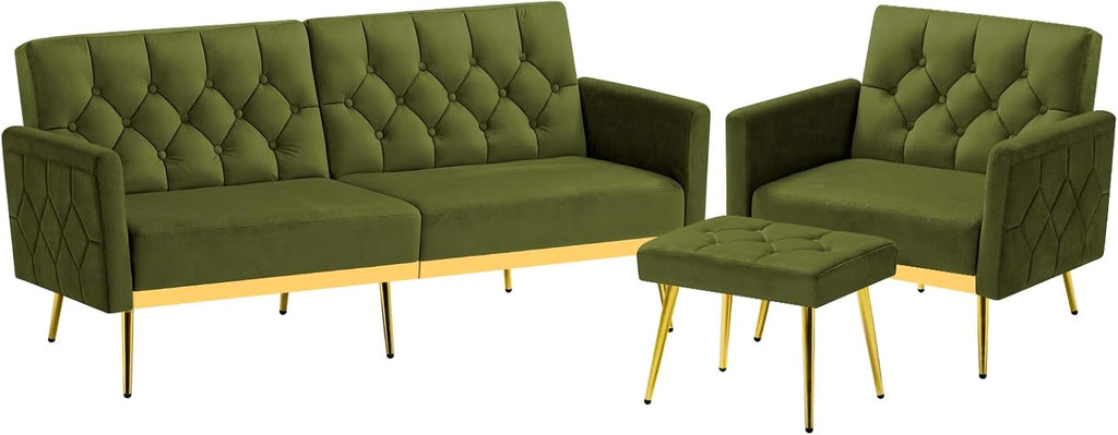 2 Pieces Velvet Sofa Set w/Adjustable Armrests and Backrests, Tufted Accent Chair w/Ottoman, Convertible Futon Sofa Bed for Bedroom, Living Room, Apartment, Olive Green