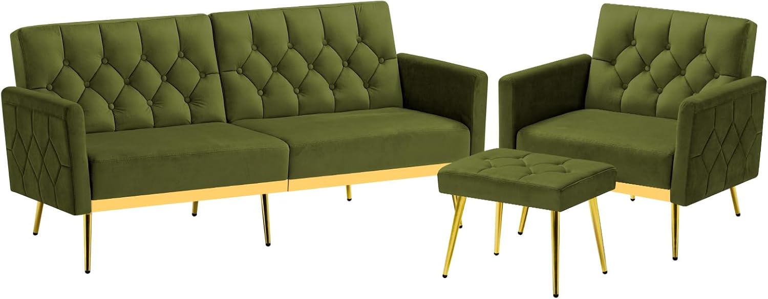 2 Pieces Velvet Sofa Set w/Adjustable Armrests and Backrests, Tufted Accent Chair w/Ottoman, Convertible Futon Sofa Bed for Bedroom, Living Room, Apartment, Olive Green