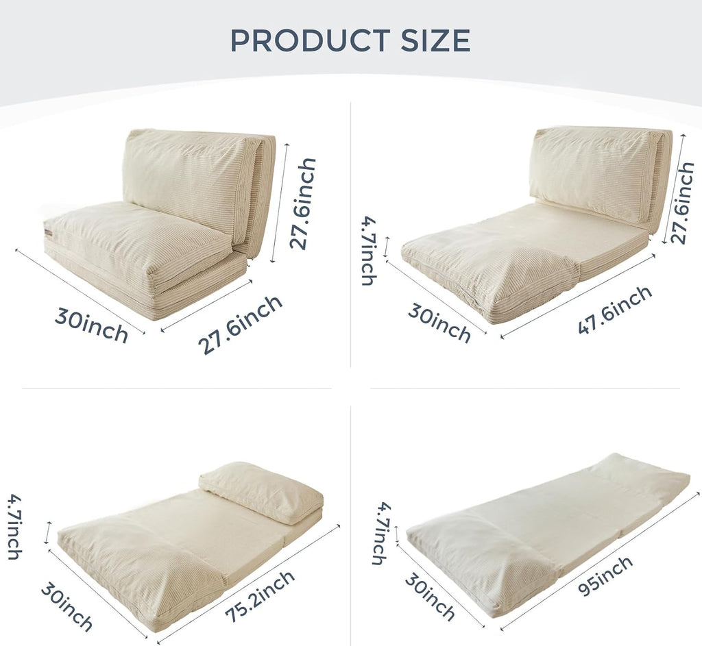 MAXYOYO Folding Sofa Bed, Floor Sofa Convertible Sleeper Chair with Washable Cover, Floor Couch Lounge Bean Bag Chair Bed for Living Room, Beige, 30x95 Inch