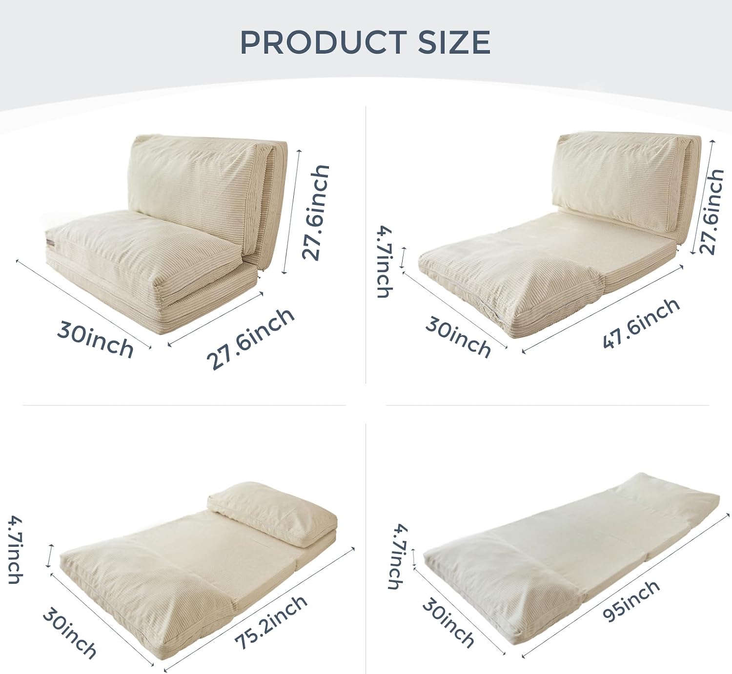 MAXYOYO Folding Sofa Bed, Floor Sofa Convertible Sleeper Chair with Washable Cover, Floor Couch Lounge Bean Bag Chair Bed for Living Room, Beige, 30x95 Inch