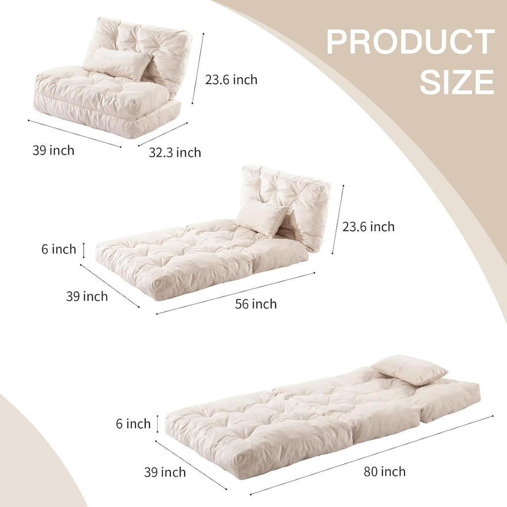 Folding Sofa Bed, Convertible Sleeper Chair with Pillow Foldable Mattress with Back Support, Portable Fold Out Chair Bed Comfy Floor Sofa Lounge for Living Room Bedroom, Beige Twin 80x39 Inch