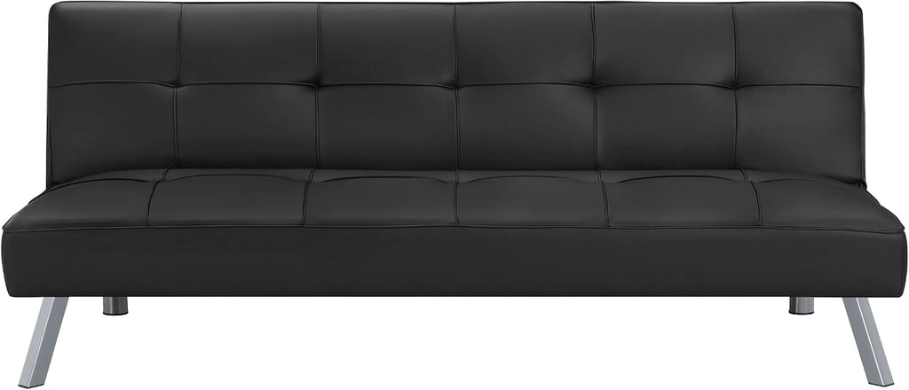 OSP Home Furnishings Kenneth Modern Button Tufted Convertible Click-Clack Futon Sofa Bed, Black Faux Leather with Chrome Legs