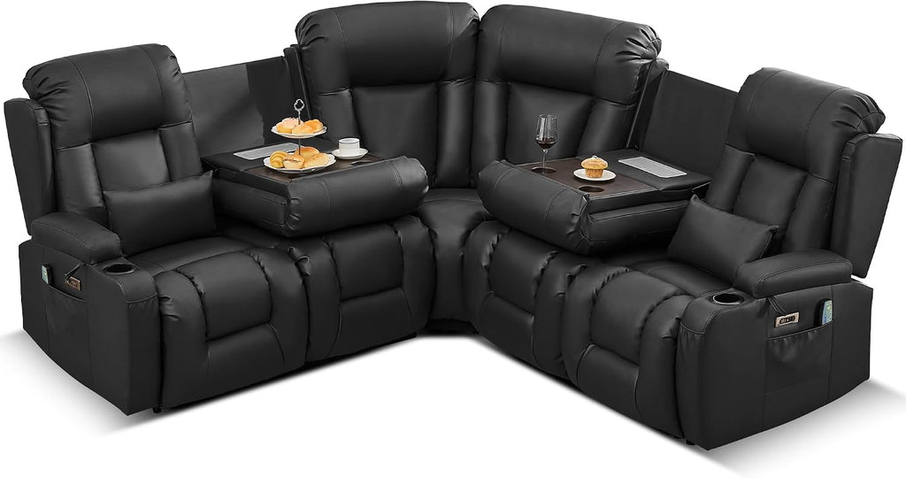 TUNYI Power Loveseat Recliner Sofa with Massage & Heat Home Theater Seating with Console RV Recliner Loveseat Sofa with USB/Storage/Side Pocket/LED Light/Speaker (Black, 4 Seat with Corner)