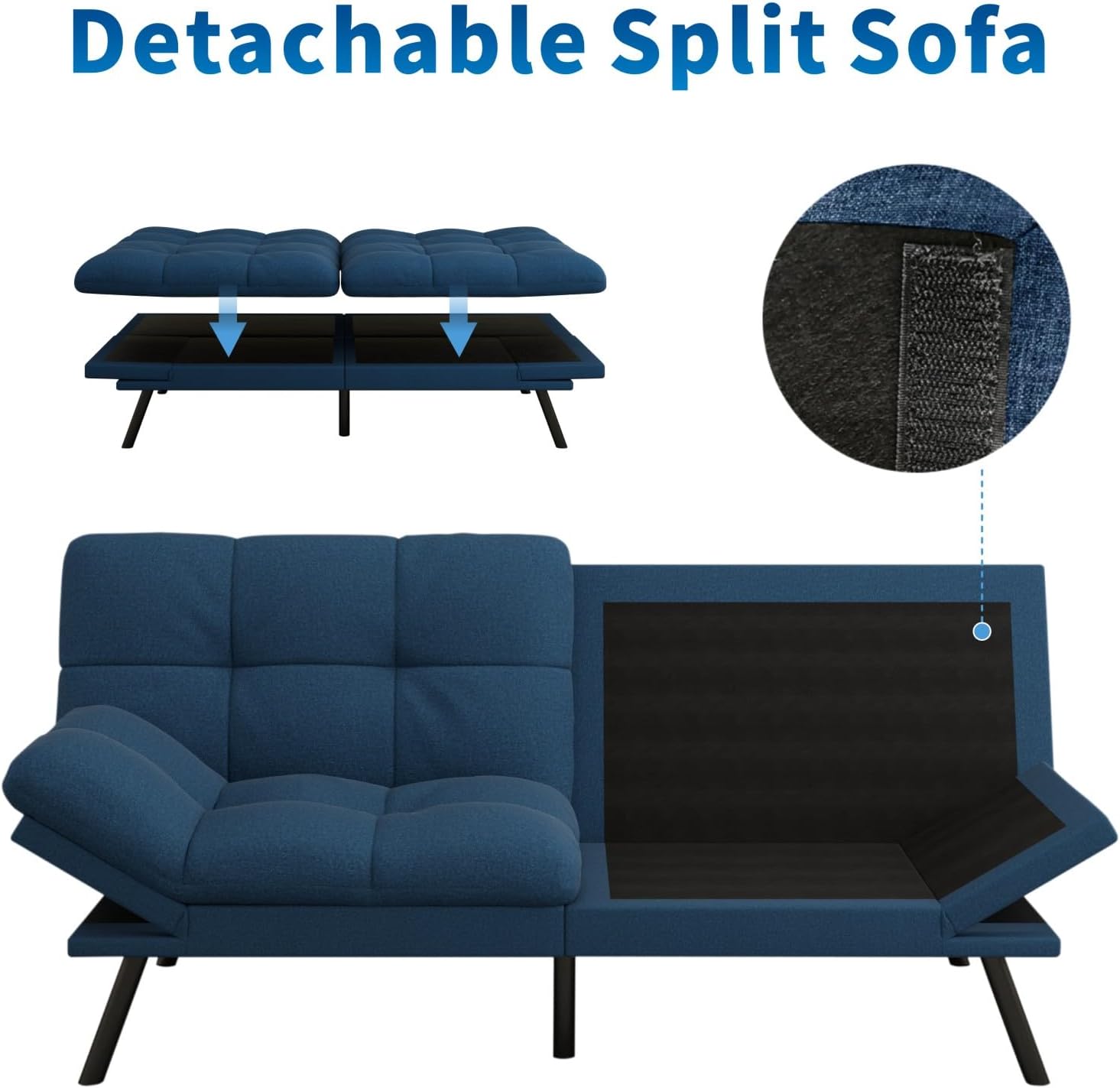 MUUEGM Futon Sofa Bed, 71' Convertible Linen Memory Foam Couch Bed, Modern Backrests Armrests Love Seat for Living Room,Apartment,Office,Blue Sleeper Couch
