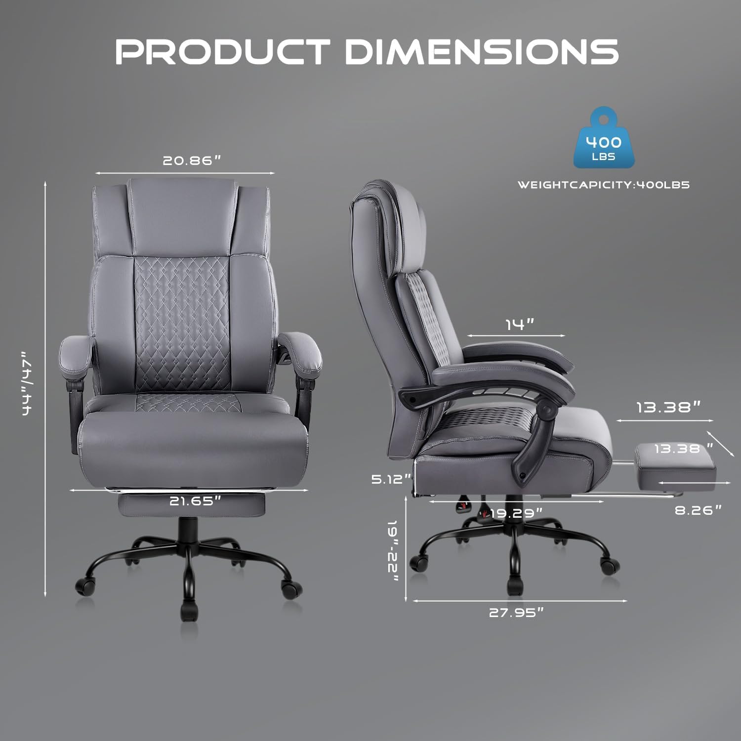 OFIKA Office Chair,Executive Heavy Duty Office Chair with Foot Rest Ergonomic High Back Computer Gaming Chairs Home Office 400lbs,Big and Tall Lumbar Support (Grey)