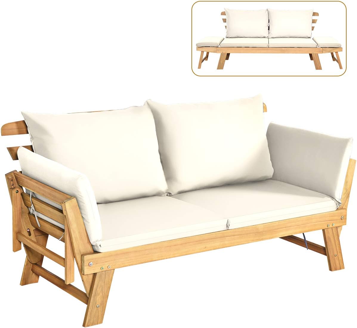 Tangkula Convertible Acacia Wood Patio Couch Sofa Bed with Adjustable Armrest, Outdoor Daybed with Cushion & Pillows, Outside Folding Futon Sofa Couch Bench for Porch, Courtyard, Poolside & Garden