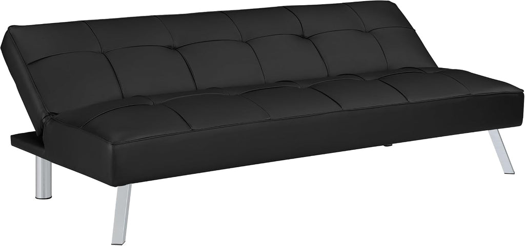 OSP Home Furnishings Kenneth Modern Button Tufted Convertible Click-Clack Futon Sofa Bed, Black Faux Leather with Chrome Legs