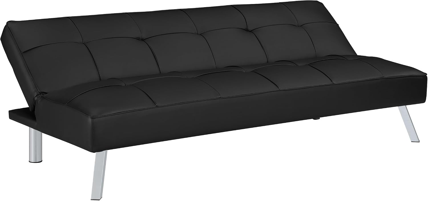 OSP Home Furnishings Kenneth Modern Button Tufted Convertible Click-Clack Futon Sofa Bed, Black Faux Leather with Chrome Legs