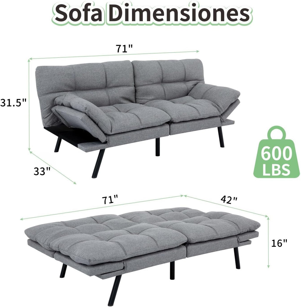 MUUEGM 71' Convertible Futon Sofa Bed, Upholstered Small Futon Couches with Adjustable Backrest, Loveseat Sleeper Bed for Compact Living Room Studio Office (Medium Grey)