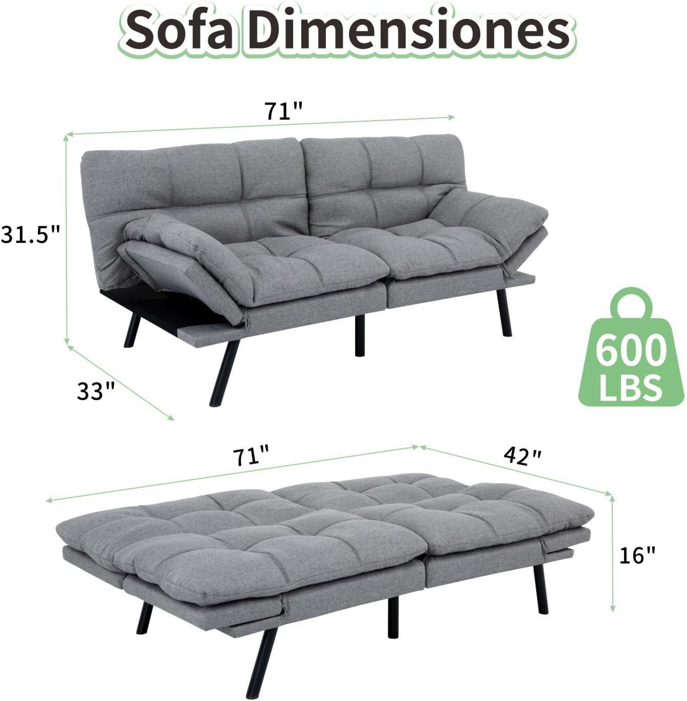 MUUEGM 71' Convertible Futon Sofa Bed, Upholstered Small Futon Couches with Adjustable Backrest, Loveseat Sleeper Bed for Compact Living Room Studio Office (Medium Grey)