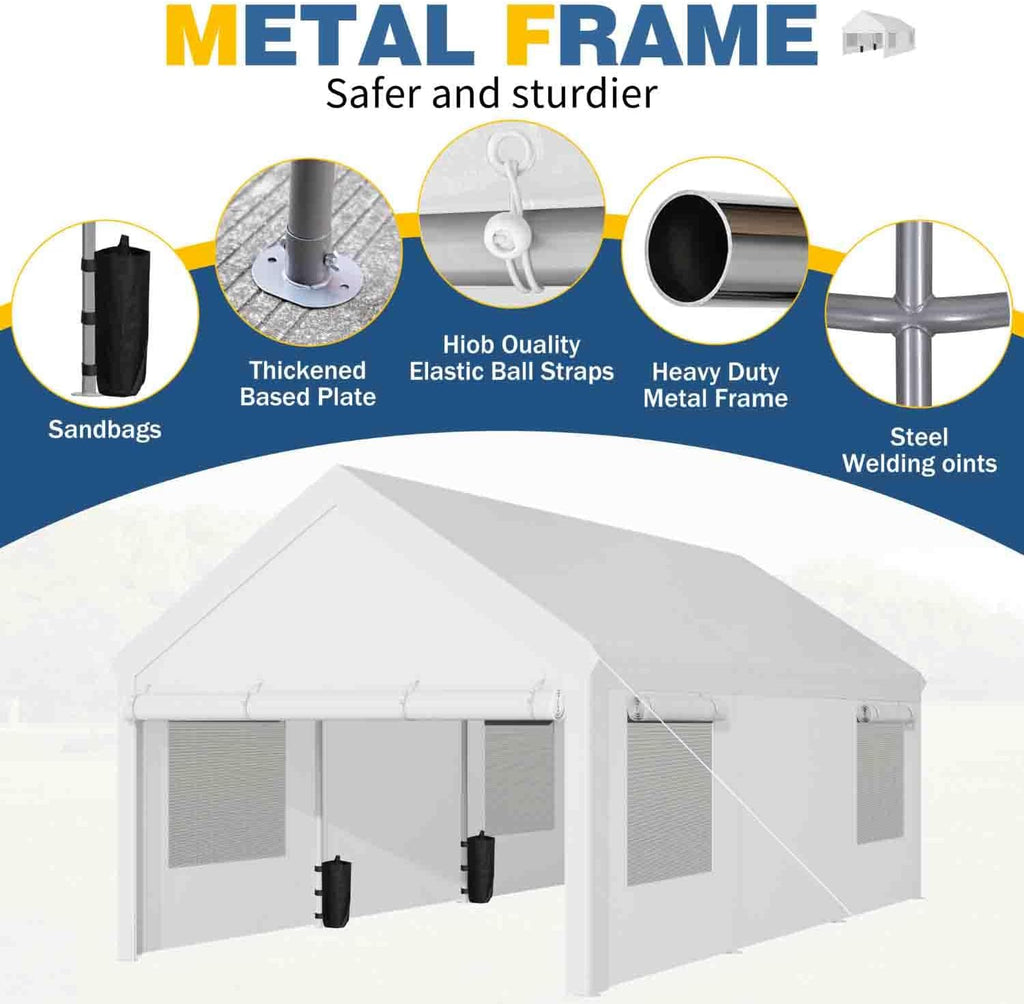 JAMFLY 10x20 ft Carport, Heavy Duty Carport with Roll-up Windows, Portable Garage with Removable Sidewalls & Doors, Car Canopy with Sandbags and All-Season Tarp for Car, Truck, Boat, Motorcycle, White