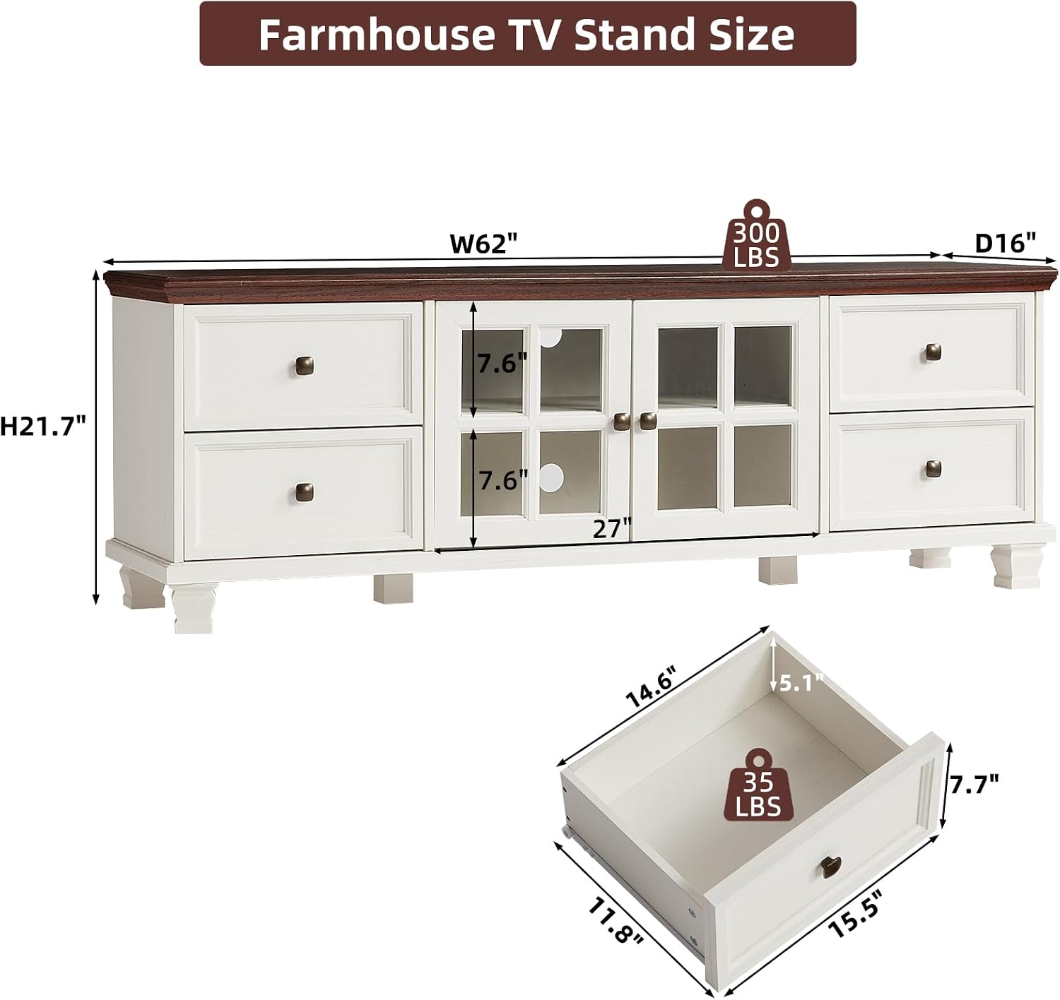 SAVOR LIFE TV Stands for Living Room, Farmhouse Entertainment Center, Rustic Wood TV Stand with Drawers for 75 Inch TV, White