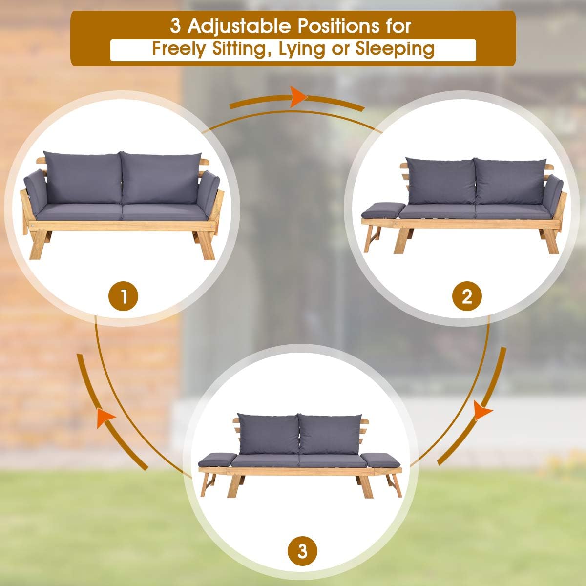 Tangkula Convertible Acacia Wood Patio Couch Sofa Bed with Adjustable Armrest, Outdoor Daybed with Cushion & Pillows, Outside Folding Futon Sofa Couch Bench for Porch, Courtyard, Poolside & Garden