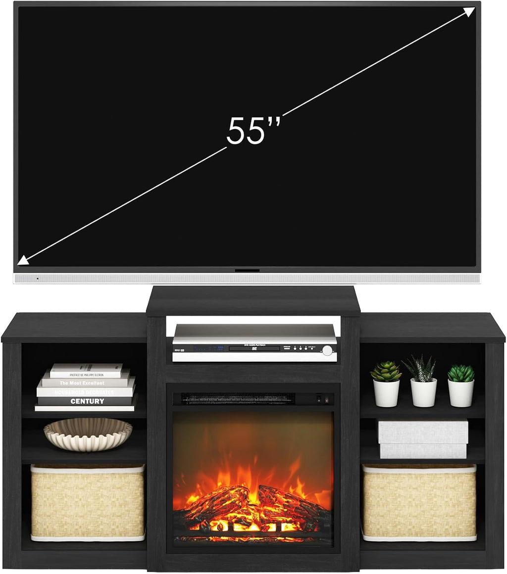 Furinno Jensen TV Stand with Fireplace, Entertainment Center, TV Console for TV up to 55 Inch with Fireplace, for Living Room, Bedroom, Dark Americano