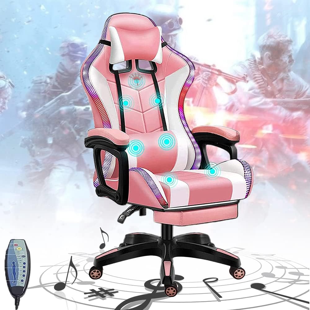 PC Gaming Chair Massage, Ergonomic Gaming Chairs for Adults and Teens with Lumbar Support and Foot Rest, RGB LED Light Gamer Chair with Speakers, for Game Recreation Room,Pink