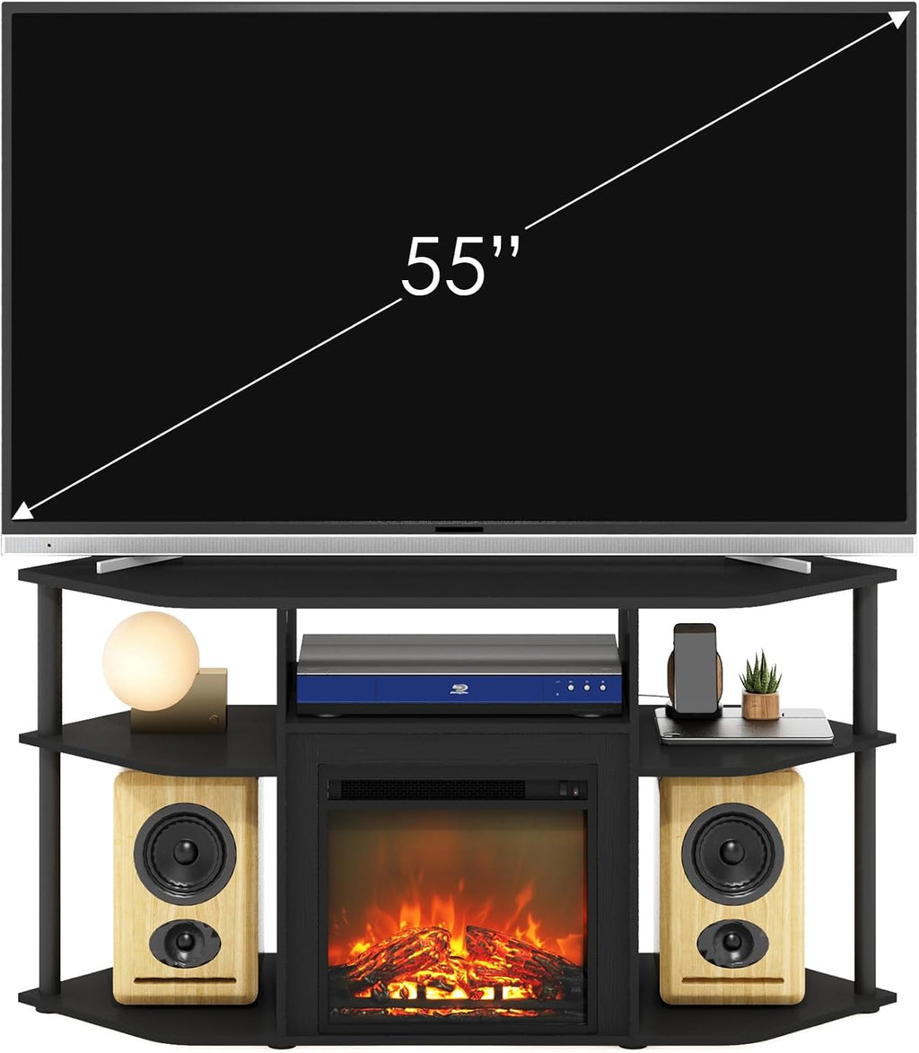 Furinno Jensen Fireplace TV Stand, Corner Entertainment Center, TV Console for TV up to 55 Inch with Fireplace, Plastic Poles and Open Storage, for Living Room, Bedroom, Americano
