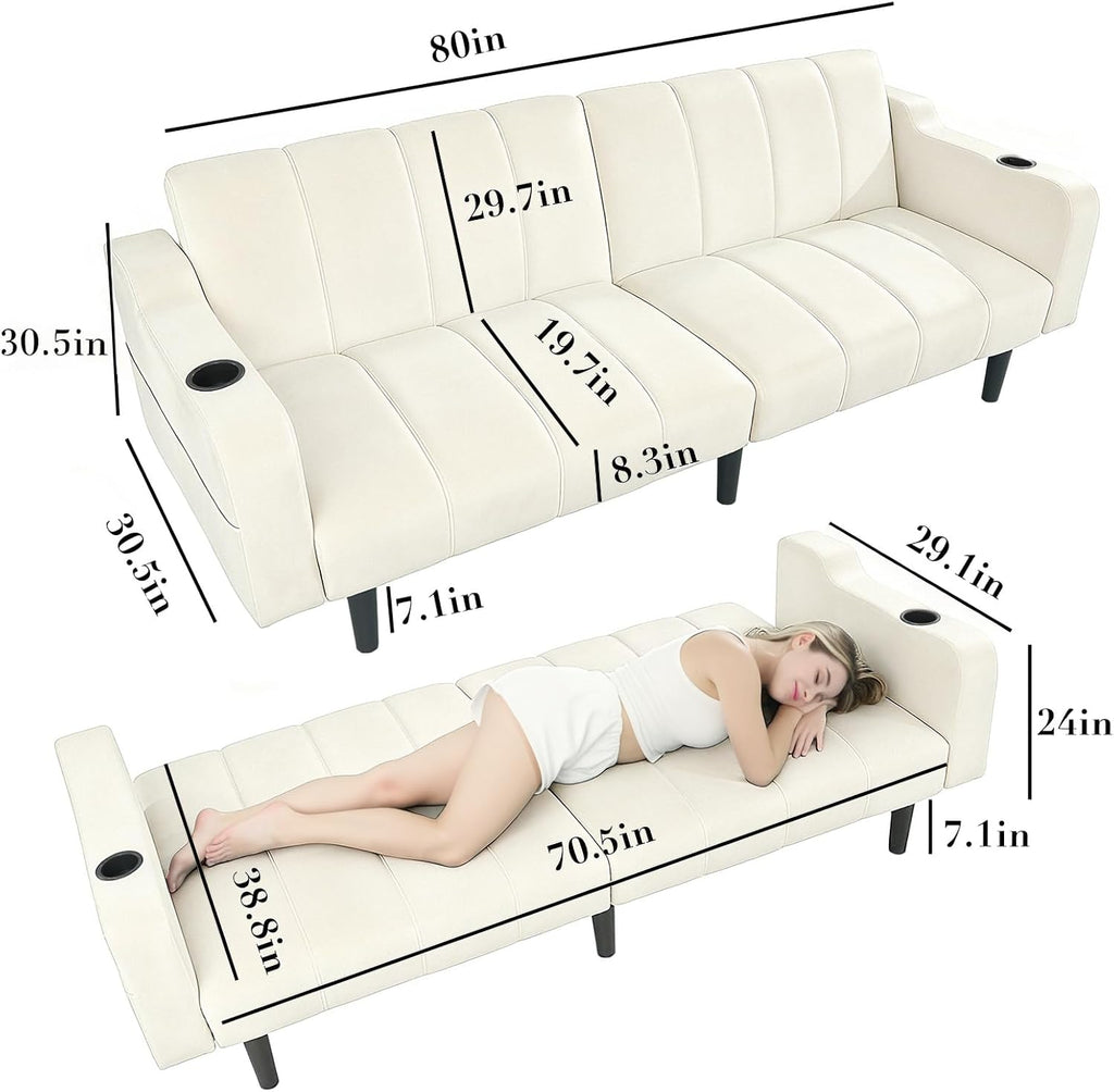 80' Velvet Futon Sofa Bed, Convertible Sleeper Loveseat with Cup Holders & Storage Pockets, Mid Century Modern Couch for Living Room, Bedroom, Office, Small Space (Off-White)