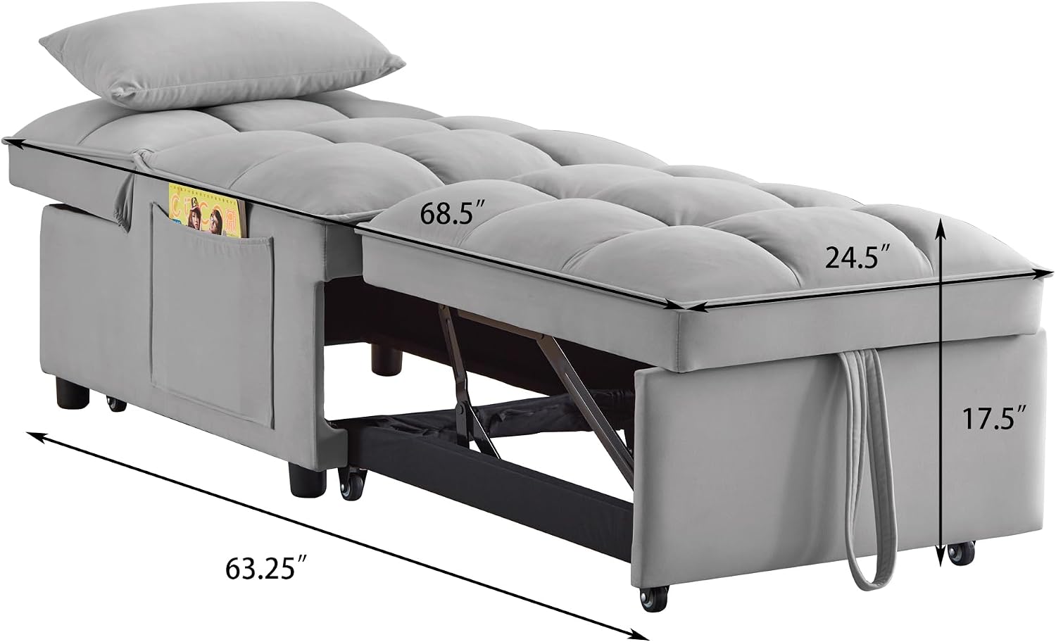 YOPTO Multi-Function Convertible Single Sleeper Sofa Bed with Storage Pockets,Velvet Tufted Pull-Out Couch Bed 4in1 W/Adjustable Backrest & Pillows,Chaise Lounge for Living Room,Small Space,Gray