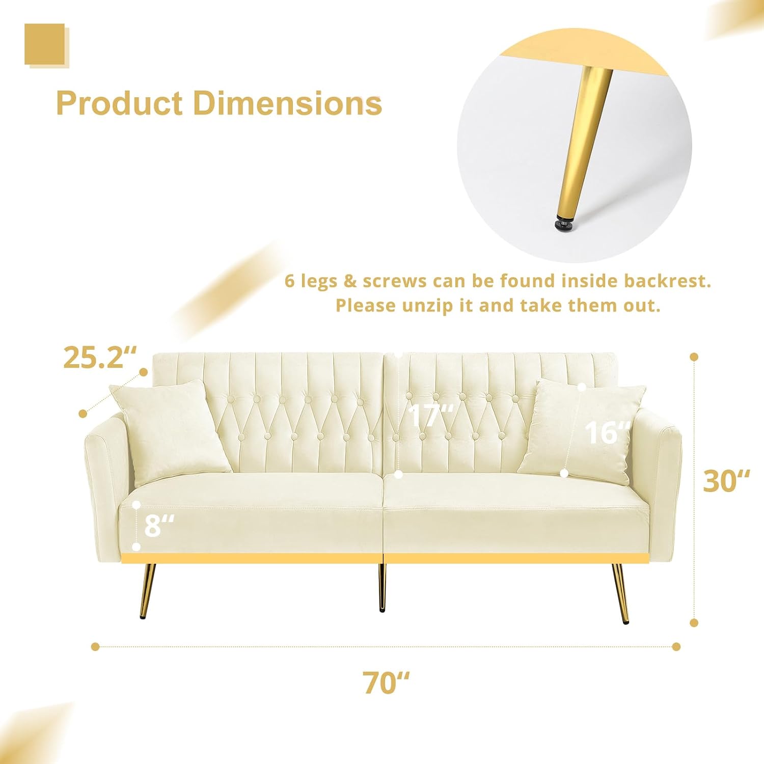 2 Pieces Velvet Sofa Set with Adjustable Armrest and Backrest, 70' Convertible Futon Sofa Bed & Mordern Accent Chair with Ottoman for Living Room, Bedroom, Beige