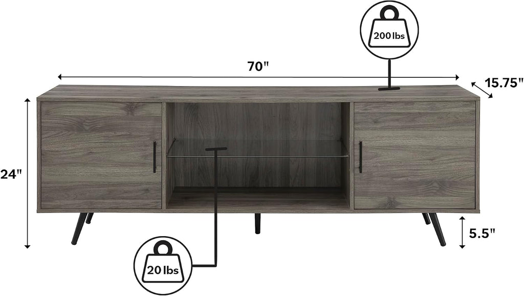Walker Edison Saxon Mid Century Modern 2 Door Glass Shelf TV Stand for TVs up to 80 Inches, 70 Inch, Grey