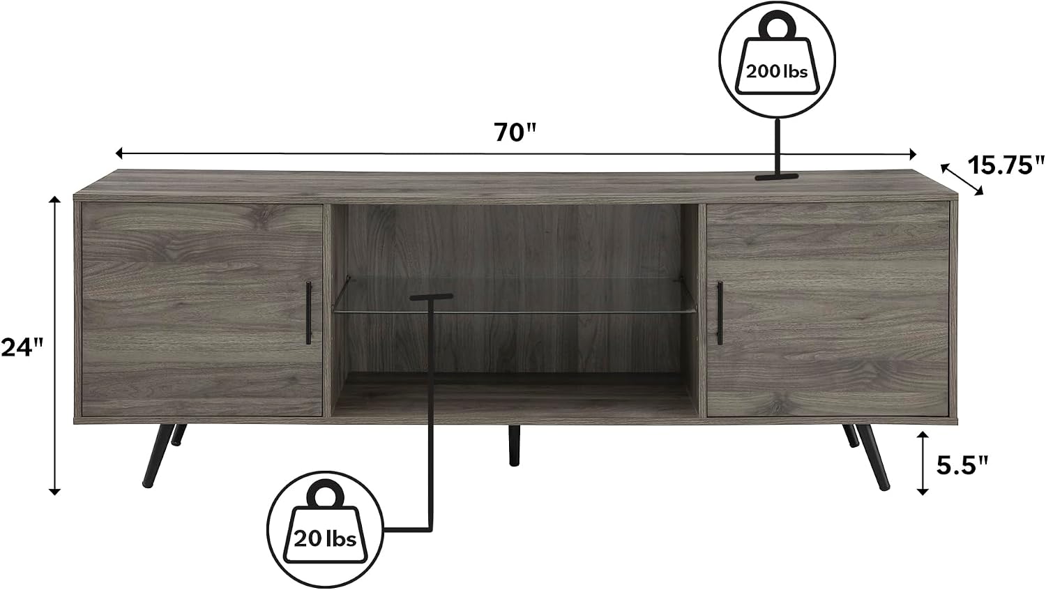 Walker Edison Saxon Mid Century Modern 2 Door Glass Shelf TV Stand for TVs up to 80 Inches, 70 Inch, Grey