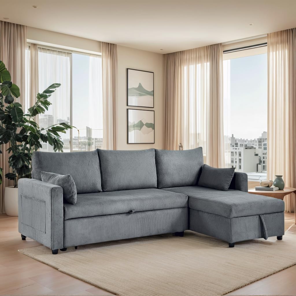 Queen Sleeper Sofa, Convertible Sofa Bed with Storage, 85 Inch Sectional Couch with Pull Out Bed, L Shaped 3 Seat Sectional Sleeper Sofa for Living Room, Apartment, Grey