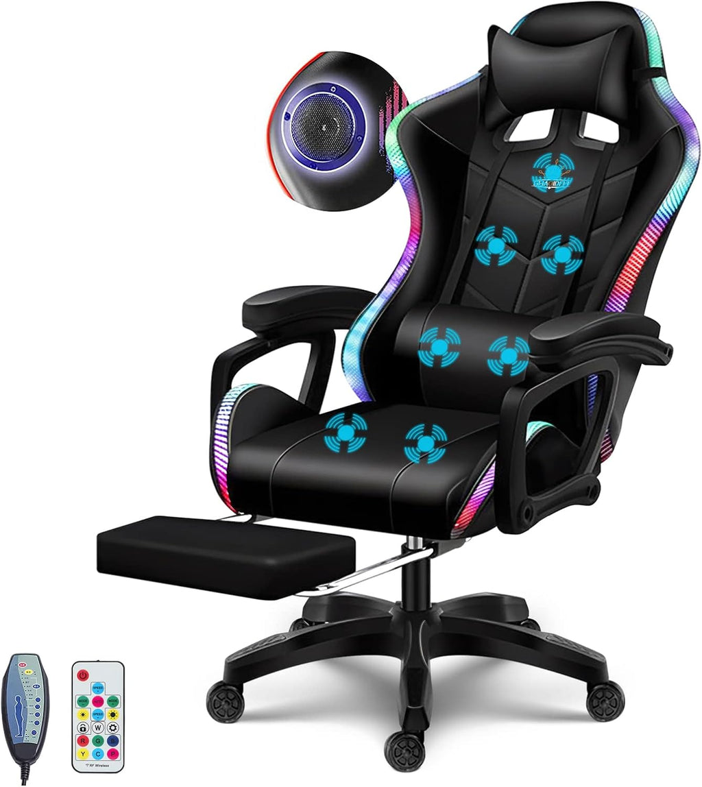 Big and Tall Gaming Chair with Footrest Ergonomic Massage Office Chairs LED Video Game Chair with Speakers Comfortable Headrest Lumbar Support High Back Desk Chair PU Leather for Adults,Black