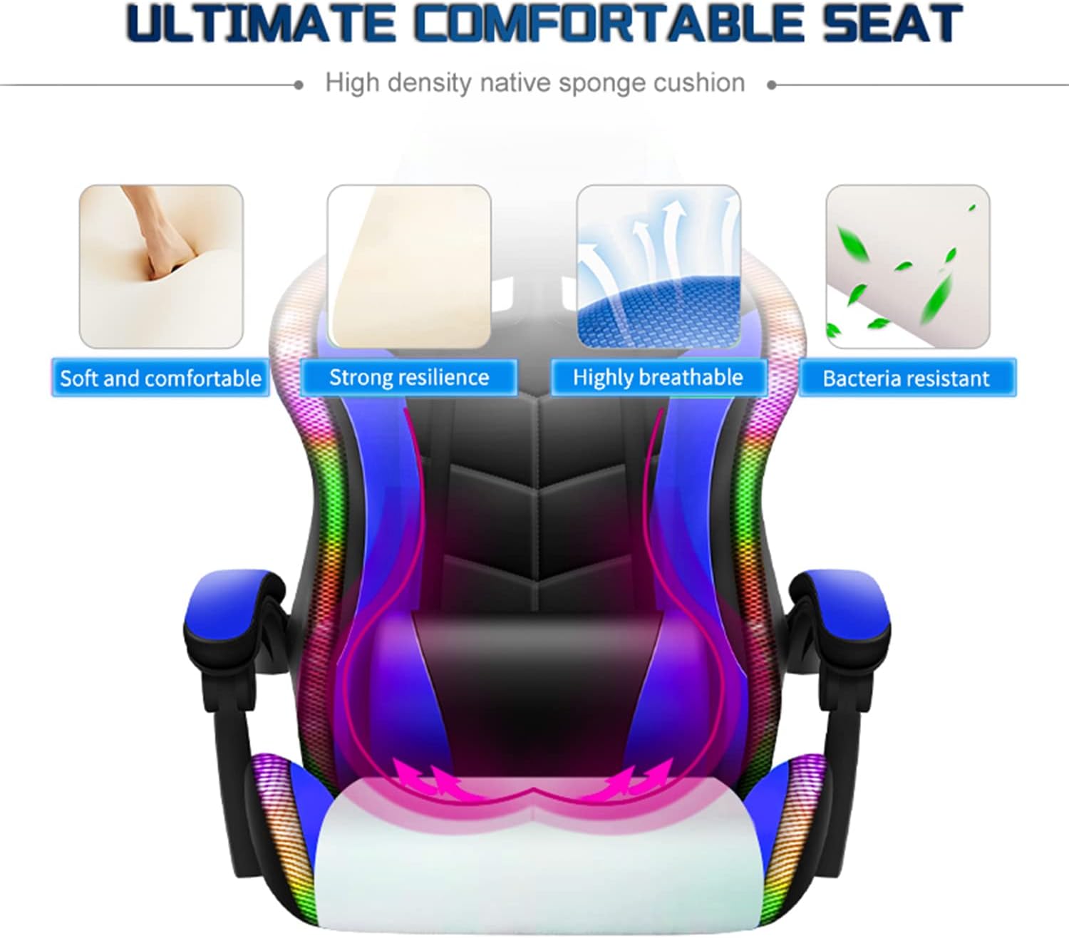 Massage Gaming Chair with Footrest and LED Lights, Video Game Chair with Speakers, Adjustable Height and Armrest, PU Leather, Ergonomic Office Computer Chair for Adults and Teens,Pink