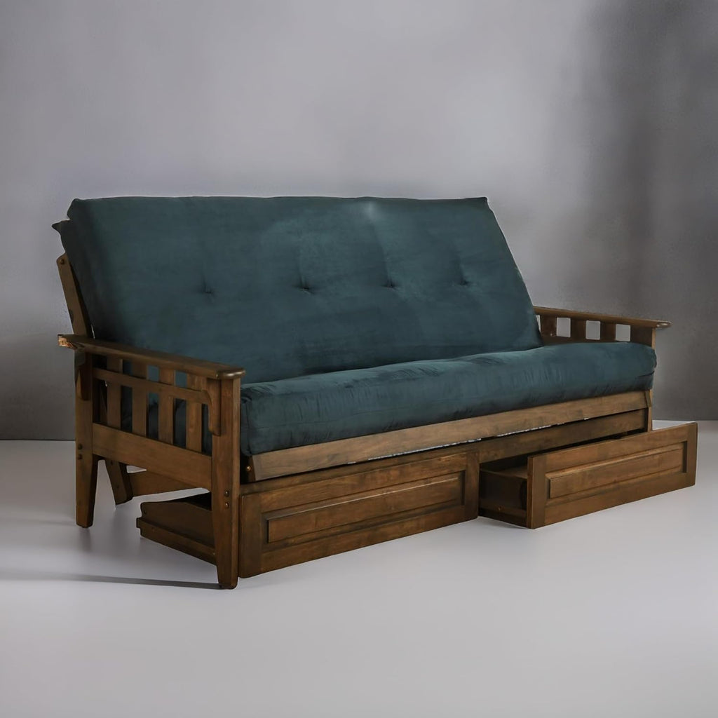 Tucson Rustic Walnut Frame and Mattress Set with Choice to add Drawers, 8 Inch Innerspring Futon Sofa Bed Full Size Wood (Blue Matt, Frame and Drawers)