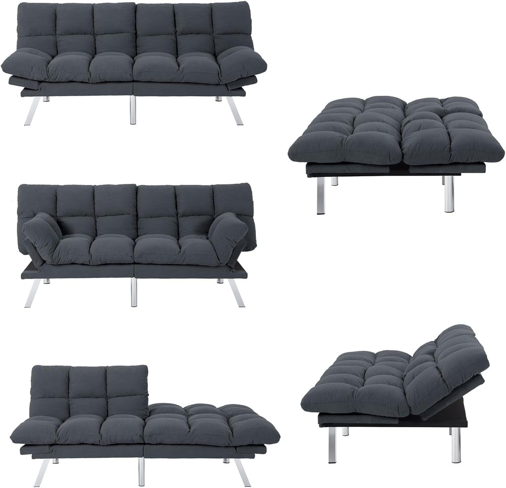 Modern Corduroy Convertible Folding Futon Couch Sofa Bed Adjustable Pillow Top Arm Memory Foam Couch Double Loveseat Sofa for Compact Living Space,Dorm,Game Studio,Apartment,Bedroom (Dark Gray)