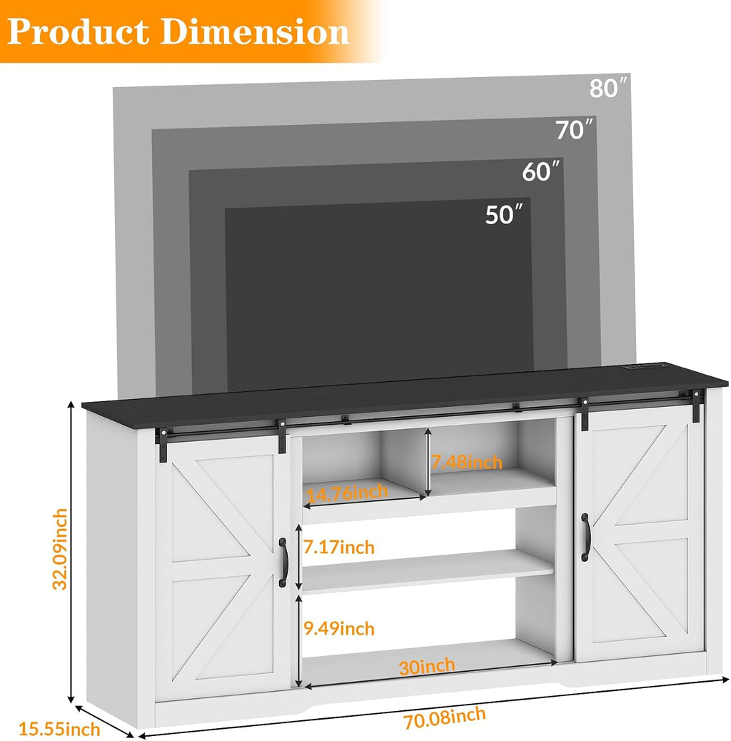 GarveeLife 70 in Farmhouse TV Stand with Power Outlets for Televisions Up to 80 in TVs, Sliding Barn Door & Large Storage Cabinets with Adjustable Shelf, 32 in Tall TV Media Console, White