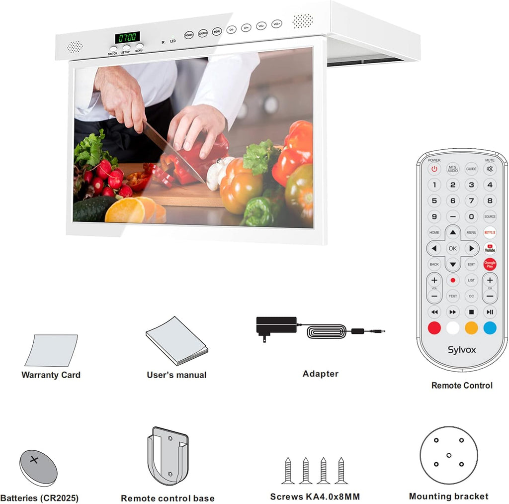 SYLVOX 15.6' Under Cabinet Smart TV – 360° Rotation, 90° Flip-Down Screen, Wireless Connectivity, Space-Saving Design for Kitchen, Bedroom, or RV. (Pure White)