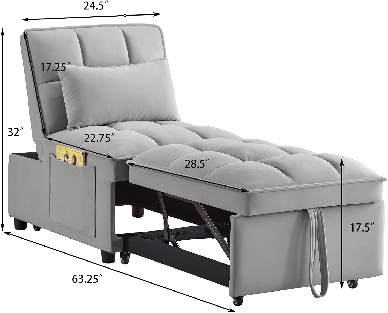 YOPTO Multi-Function Convertible Single Sleeper Sofa Bed with Storage Pockets,Velvet Tufted Pull-Out Couch Bed 4in1 W/Adjustable Backrest & Pillows,Chaise Lounge for Living Room,Small Space,Gray