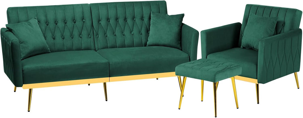 2 Pieces Velvet Sofa Set with Adjustable Armrest and Backrest, 70' Convertible Futon Sofa Bed & Mordern Accent Chair with Ottoman for Living Room, Bedroom, Green