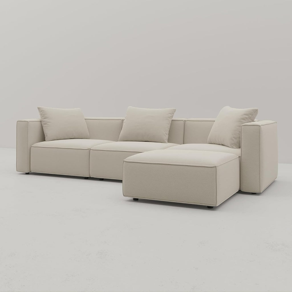 Acanva Luxury Modular Sectional Living Room Sofa Set, Modern Minimalist Style Couch with Ottoman and Chaise, L-Shape, Linen-Like Cream | Minimalist Style, With Ottoman, Modular Sectional