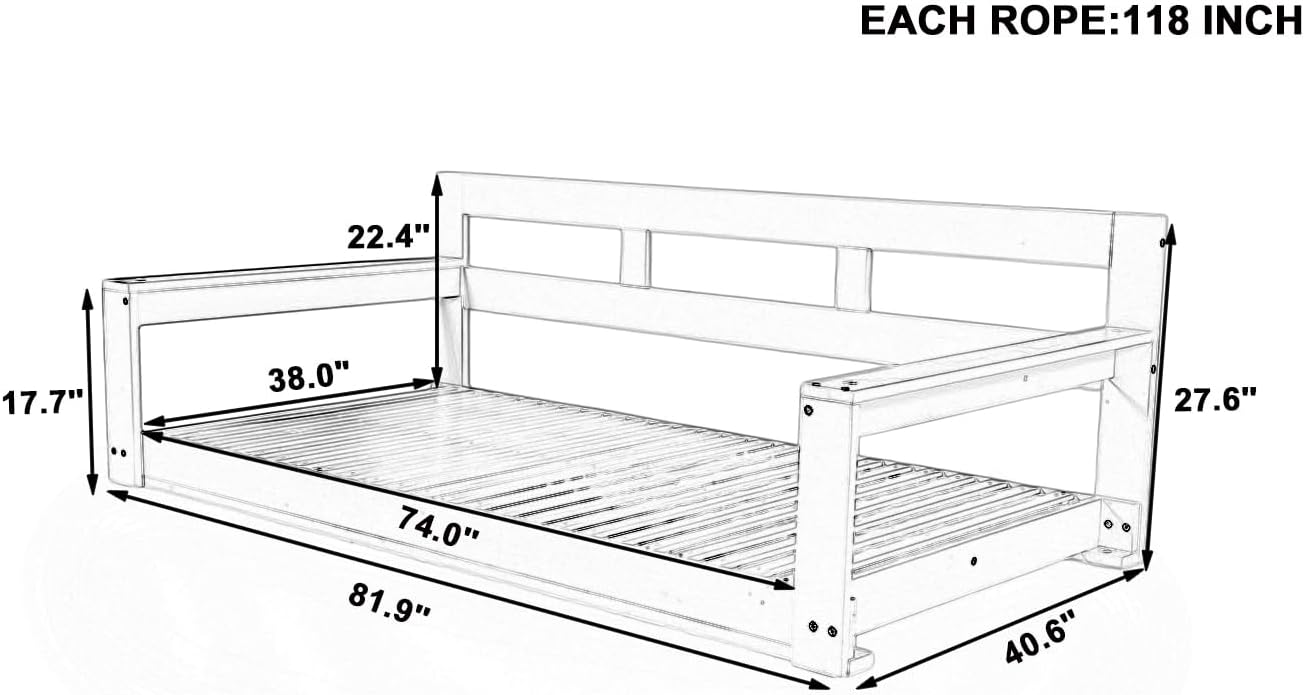 Harper & Bright Designs Patio Wooden Twin Size Porch Swing Daybed Frame, Garden Swing Bench Chair with 4 Hanging Ropes for Backyard,Outdoor,White